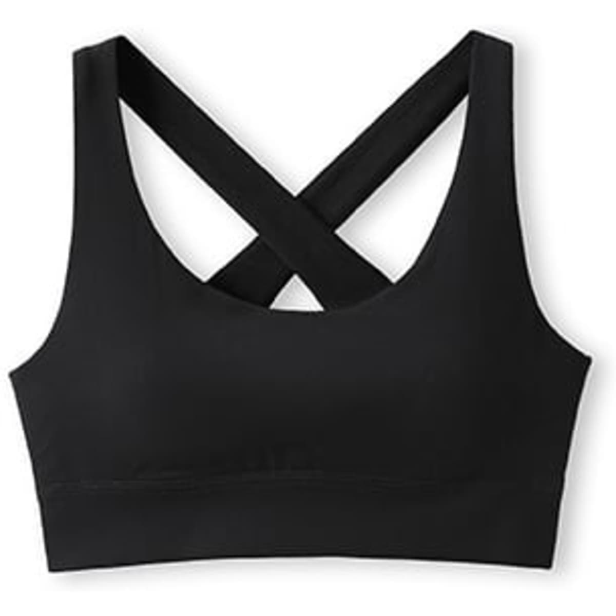 A black crop top with a criss-cross strap design and a fitted silhouette. It features a logo on the fabric.