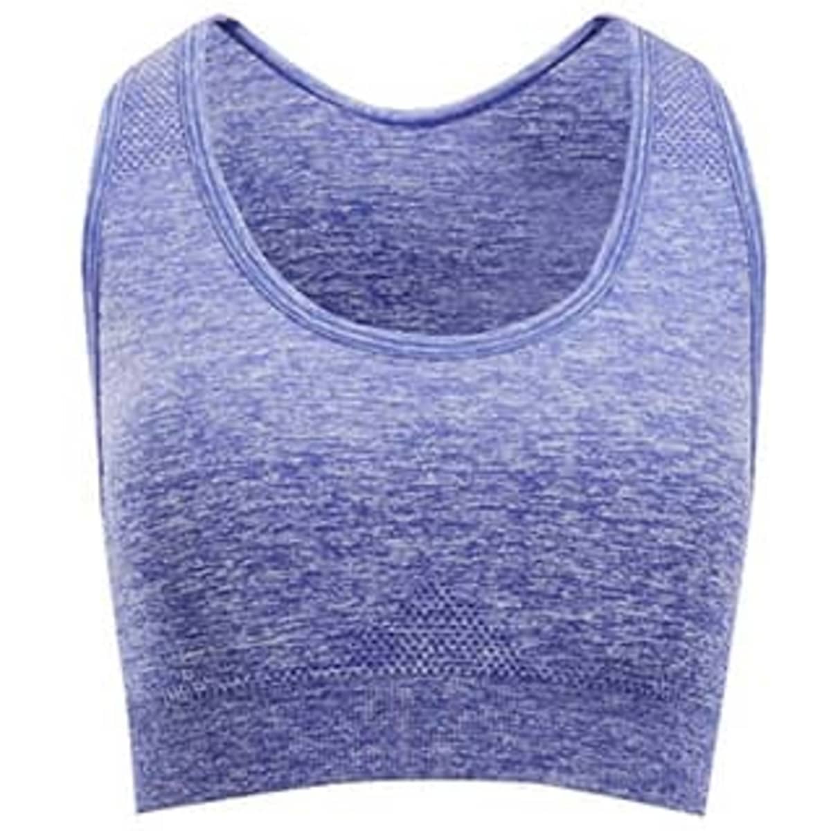 A purple seamless crop top with a rounded neckline and a fitted design. It features a branding logo.