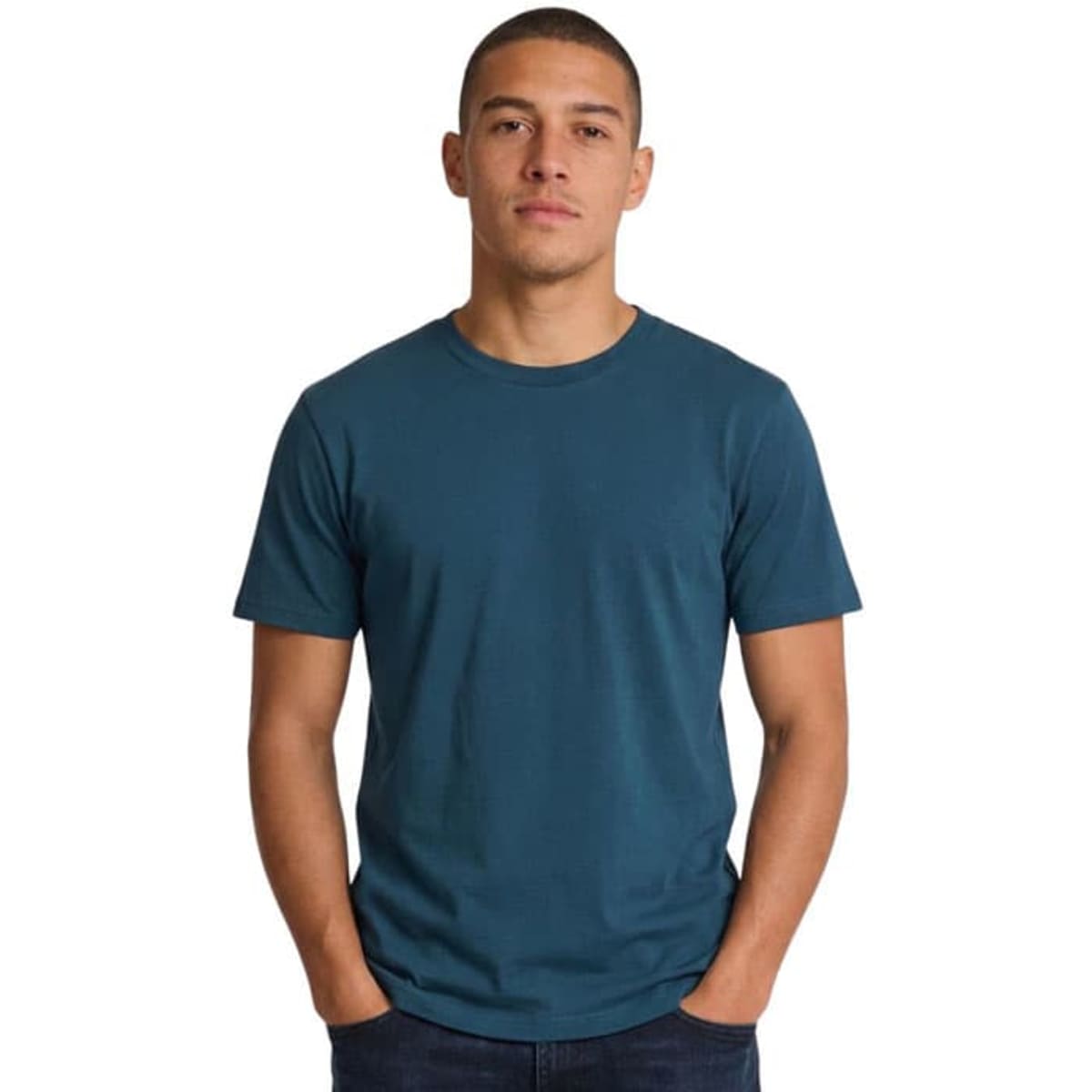 A unisex earth care T-shirt in a deep teal colour, featuring a simple design and a logo on the front.