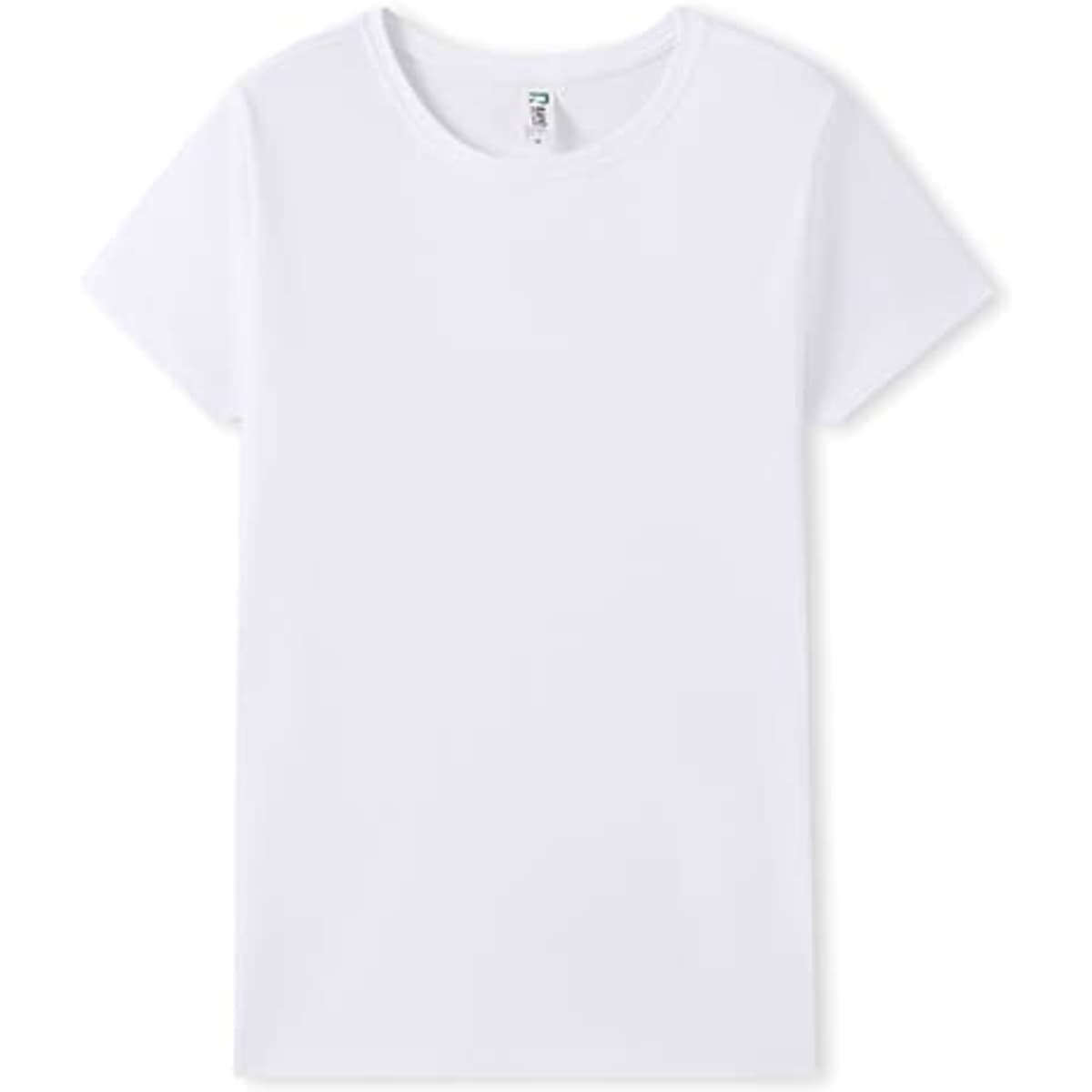 A white women's organic cotton T-shirt with short sleeves and a label inside. It features a logo on the neckline.