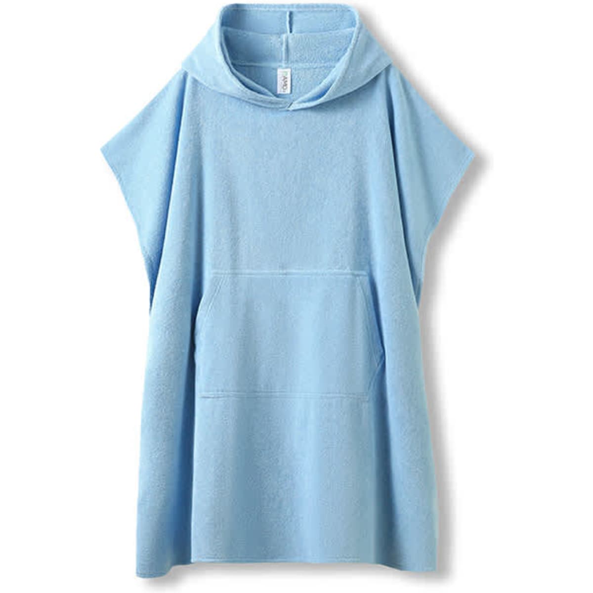 A light blue hooded towel made of 380gsm 100% cotton with a kangaroo pocket and a logo.