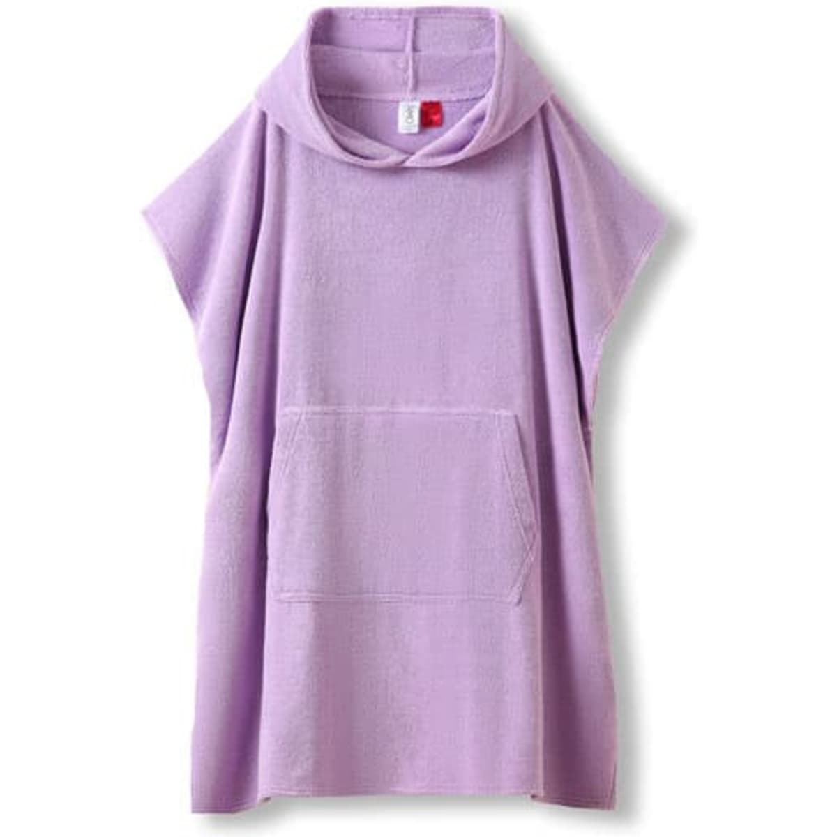 A purple hooded towel featuring a kangaroo pocket, made from 380gsm cotton, with a logo tag.