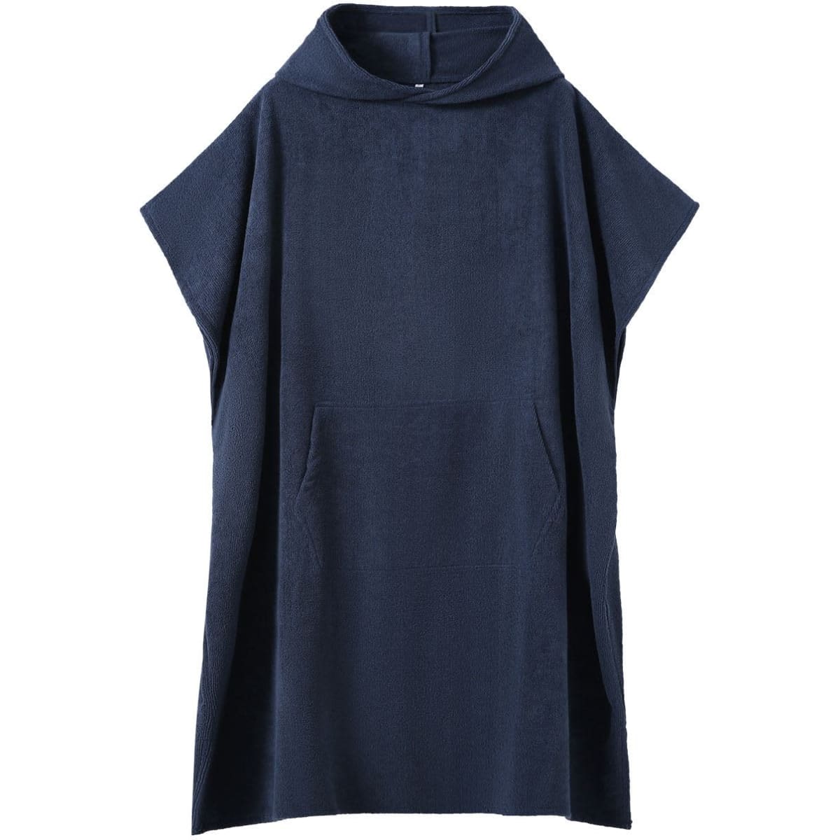 A navy blue hooded towel made from 380gsm poly/nylon with a kangaroo pocket and a logo.