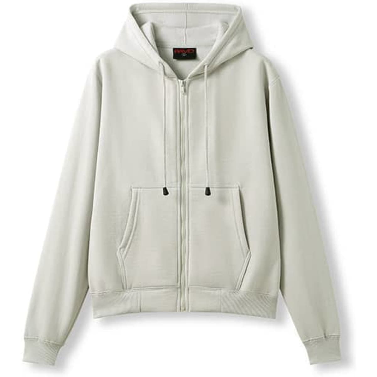 A light grey women's juniors zipper hoodie with a pocket and adjustable drawstring hood, featuring a logo.