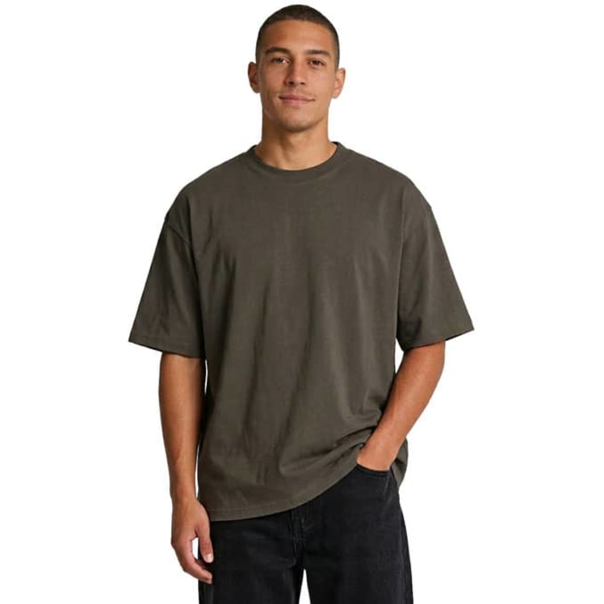 An oversize T-shirt in faded olive green, made from 230gsm 100% organic cotton, featuring a logo.