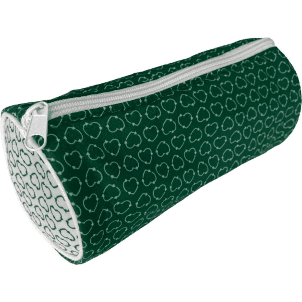 A green pencil case with a patterned design and a white zipper, featuring a logo.