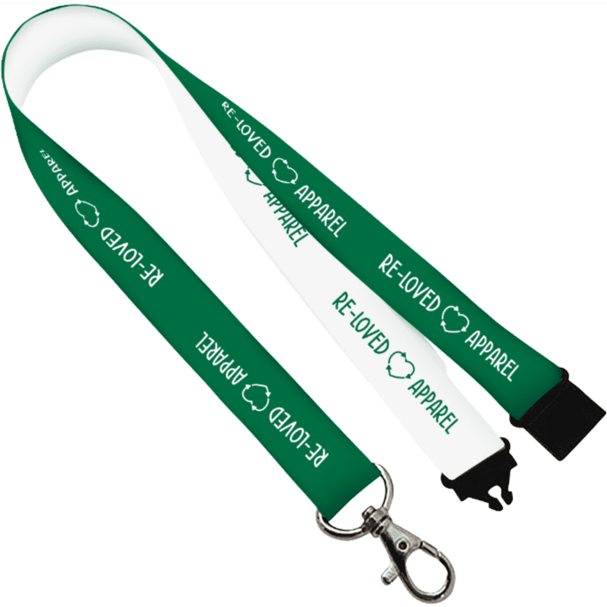 A green and white lanyard with a logo, featuring a hook for attachment and sustainable material design.