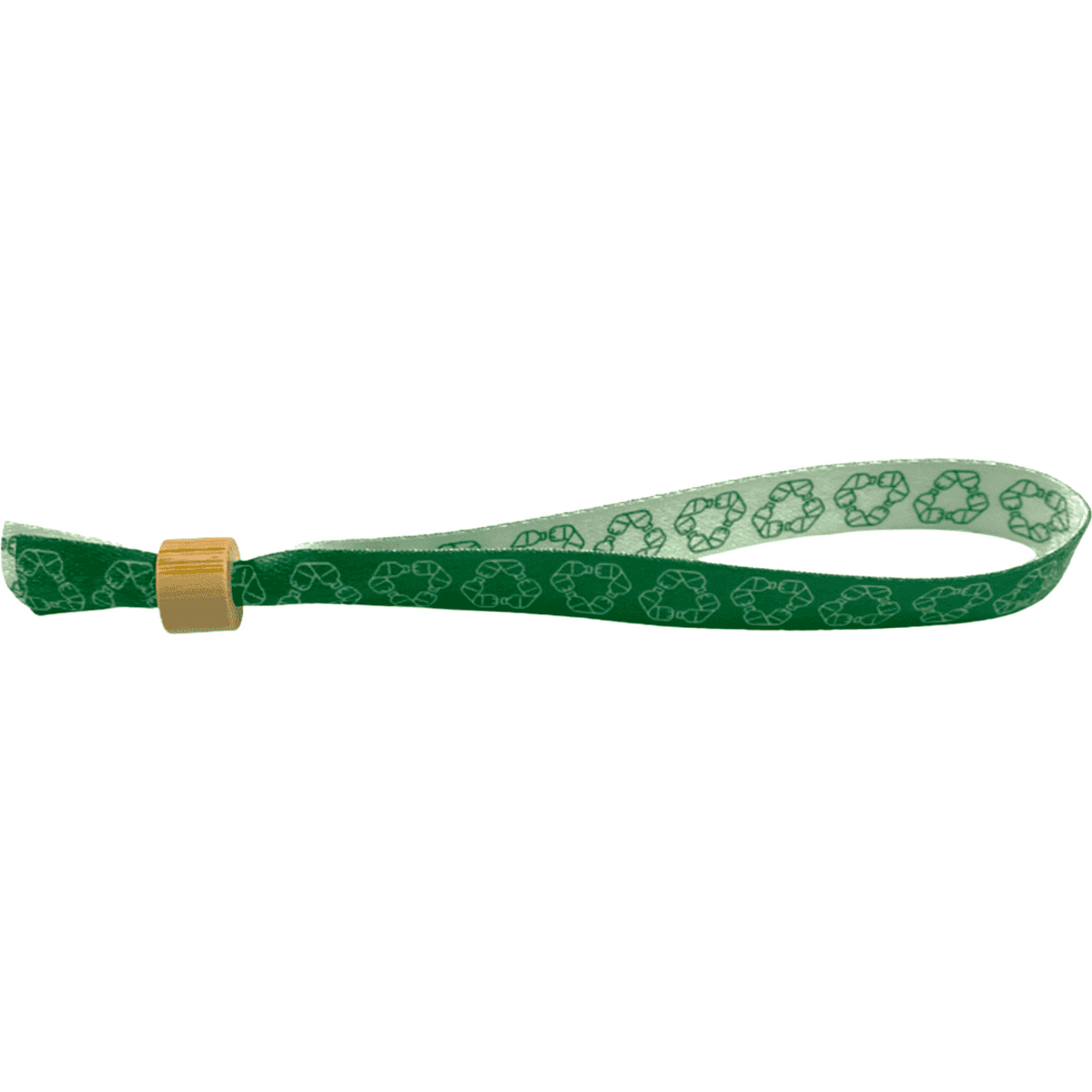 Green rPET festival wristband featuring a recycling symbol pattern and a wooden clasp.
