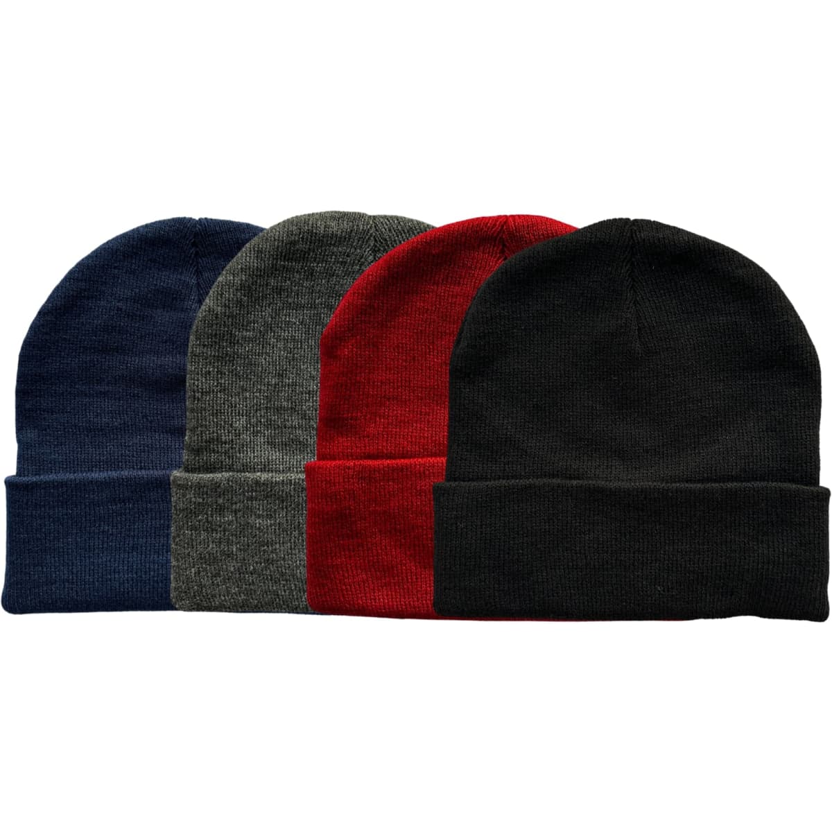 A collection of four beanies in navy blue, grey, red, and black, featuring a logo on each.