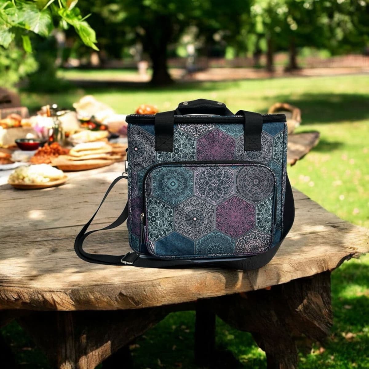 A patterned cooler bag in navy and purple with a shoulder strap rests on a table in a park setting.