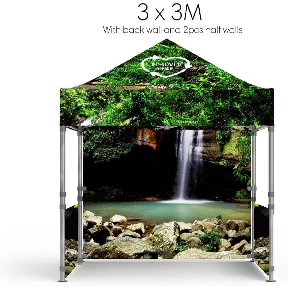 A 3m x 3m sustainable rPET pop-up tent featuring a nature-themed design with a waterfall and greenery. Includes a logo.