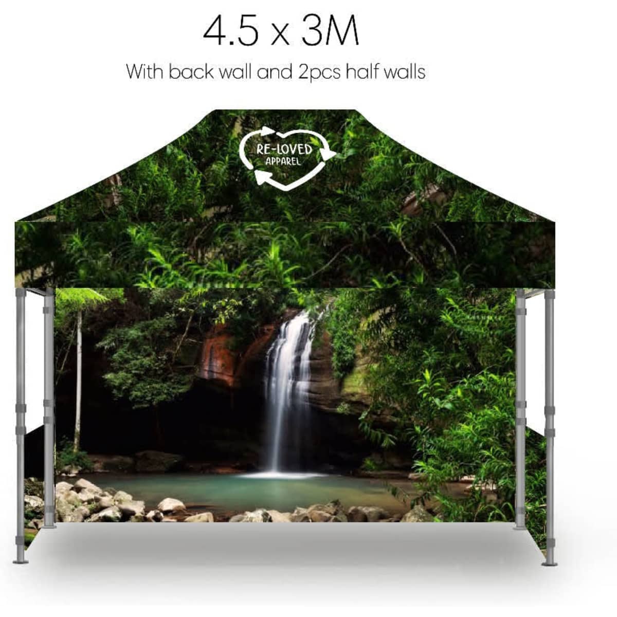 A promotional pop-up tent featuring a scenic waterfall design, measuring 3M x 4.5M, with a logo on one side.