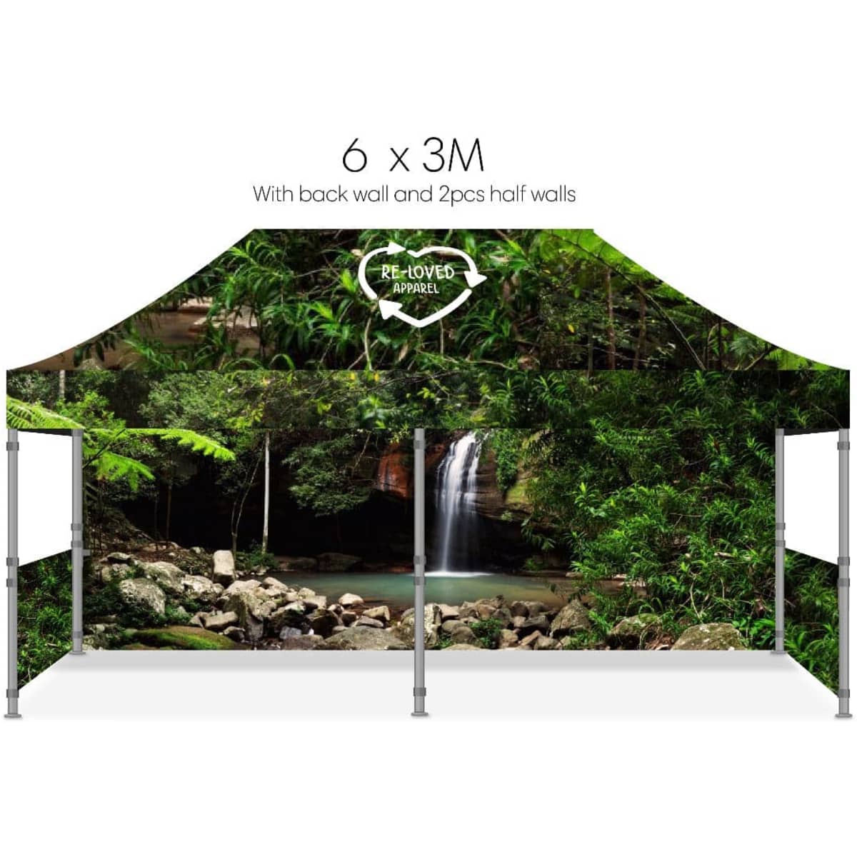 A 3M x 6M sustainable rPET pop-up tent featuring a nature-themed design with green foliage and a waterfall backdrop.