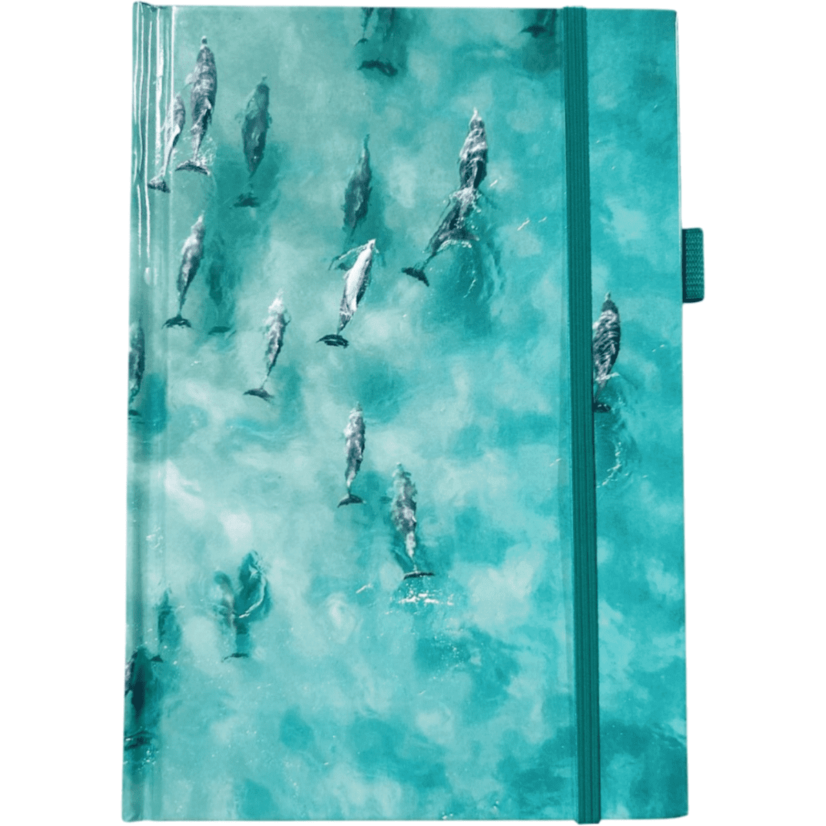 A soft cover notebook featuring a turquoise design with dolphins swimming on the front, including a logo.