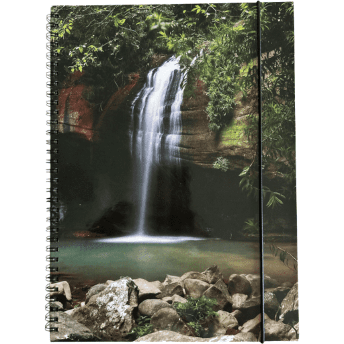 A spiral-bound soft cover notebook featuring a waterfall and lush greenery design, with a black elastic band.