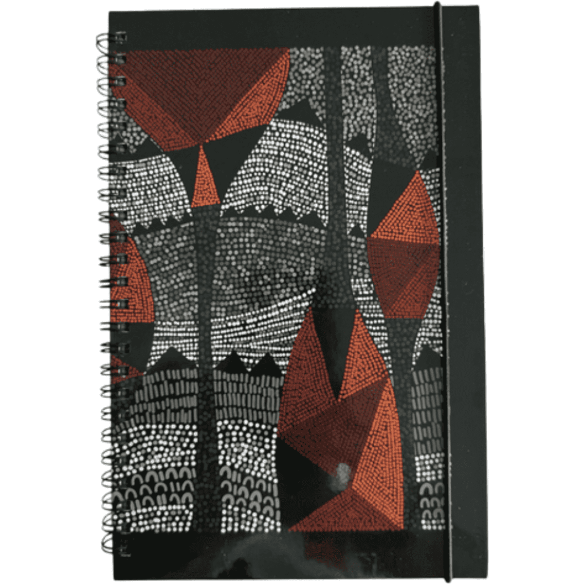 A sustainable A5 spiral-bound hard cover notebook featuring a black, red, and white geometric design and a logo.
