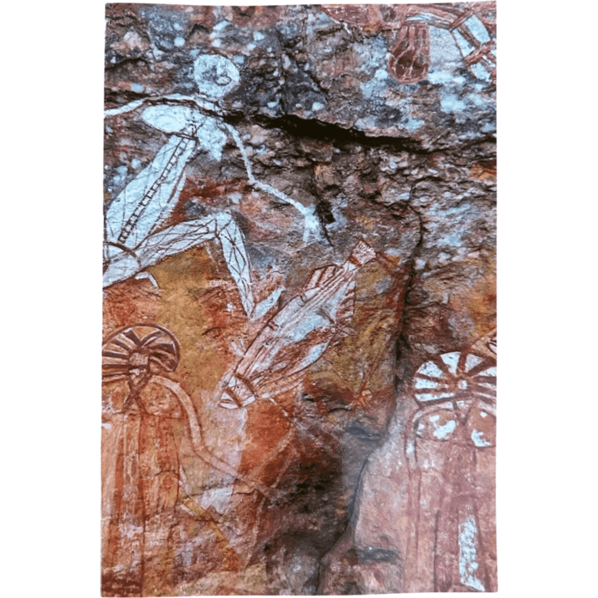 An artwork featuring ancient rock engravings in earthy tones, depicting human and animal figures against a textured stone surface.