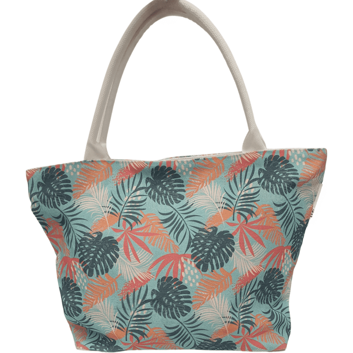 A tote bag with a tropical leaf pattern in teal, coral, and navy, featuring white handles and a logo.