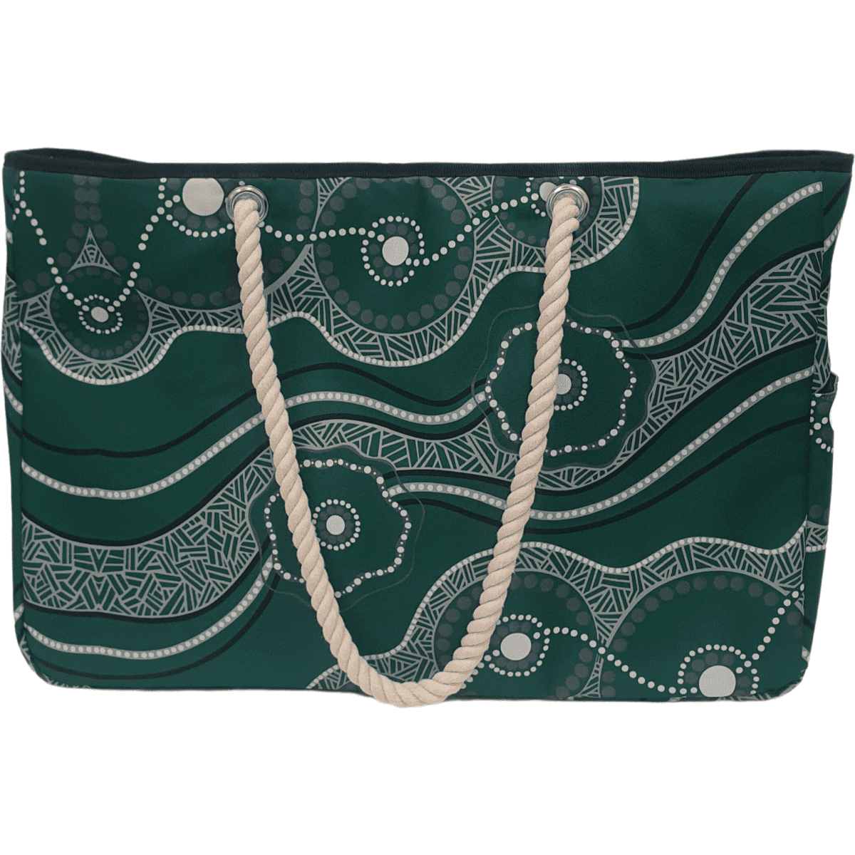 A green cooler bag with a patterned design and cream rope handles, featuring a logo on the side.