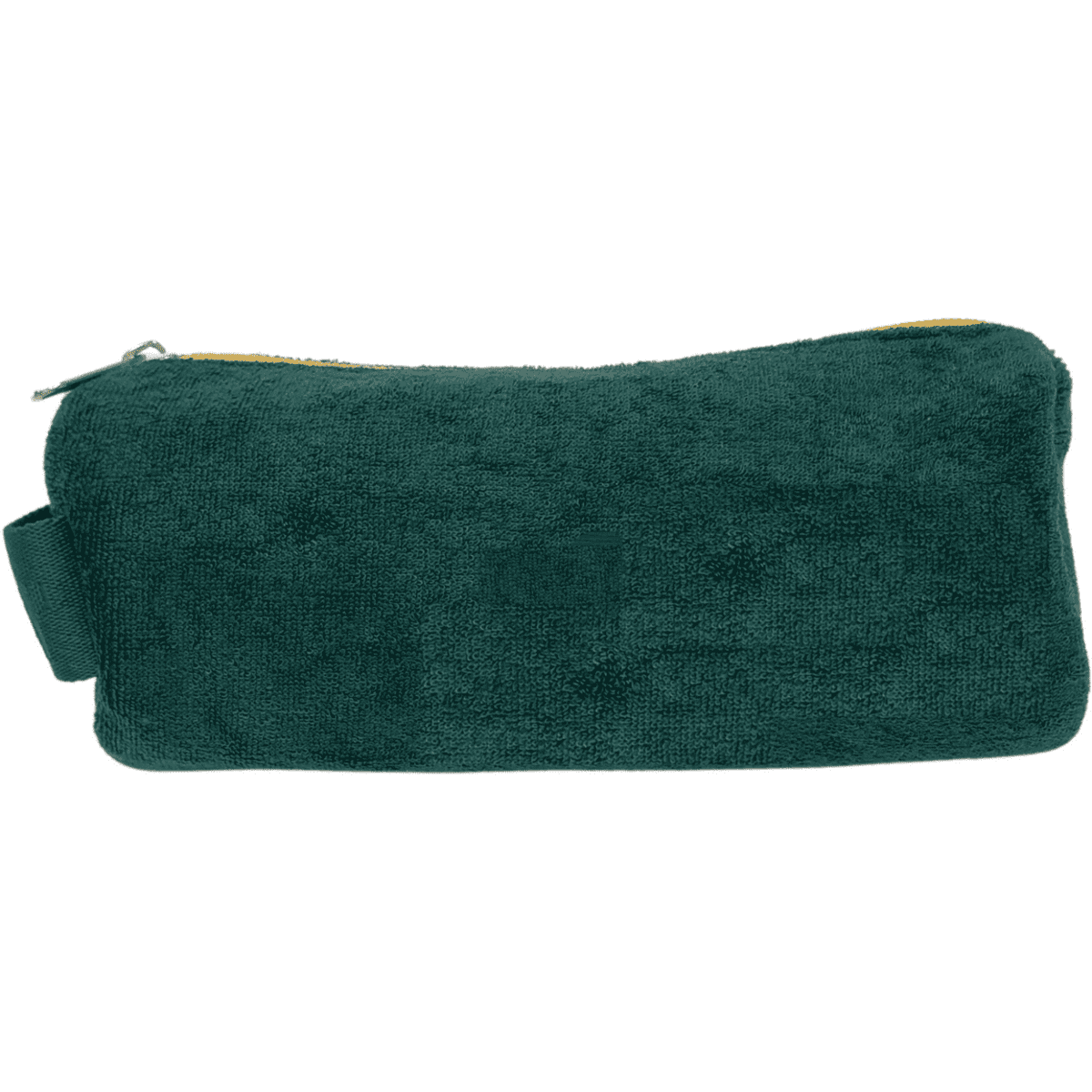 A teal toiletry bag with a soft texture and a gold zip closure, featuring a side handle and logo detail.