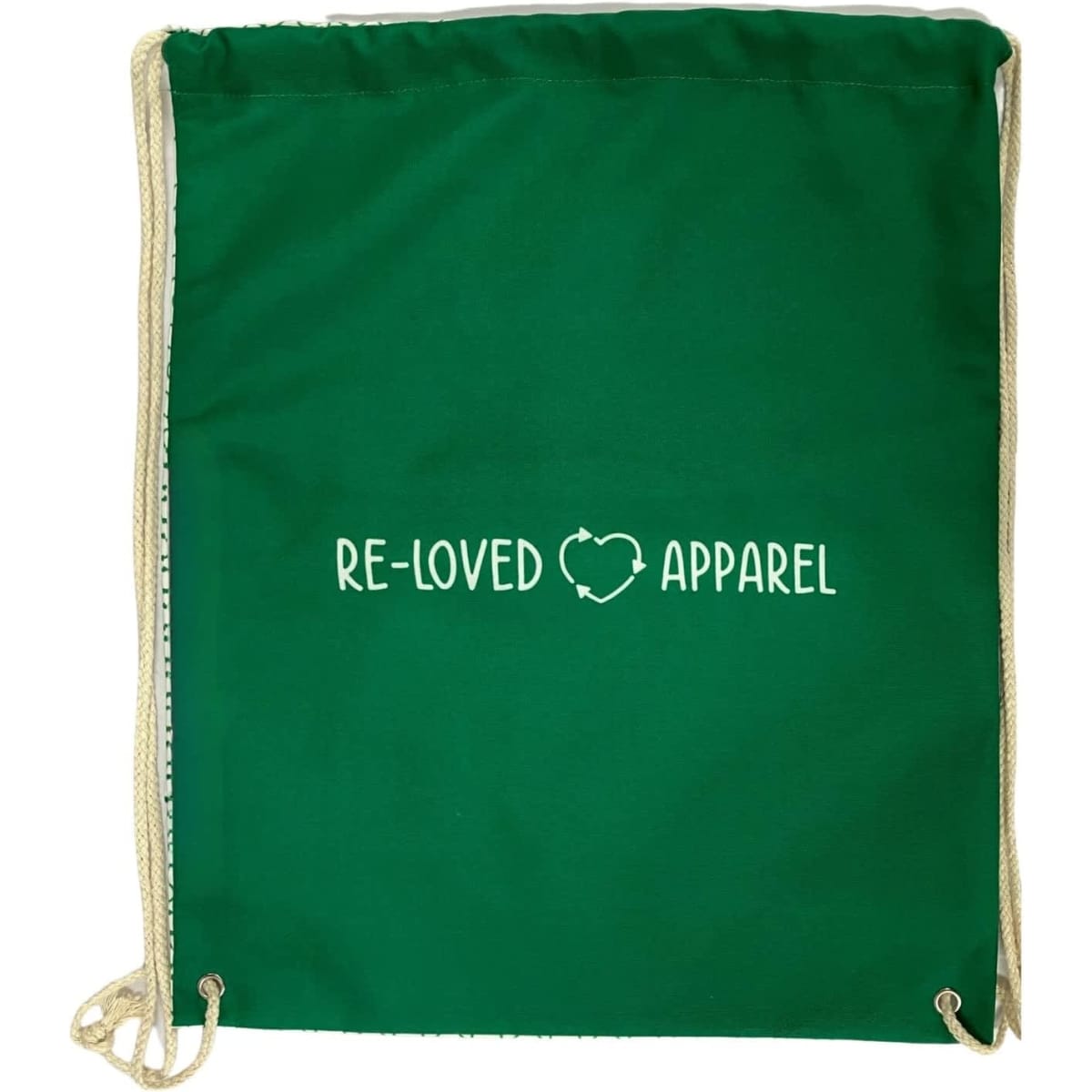 A green drawstring backpack with cream cords and a logo on the front.