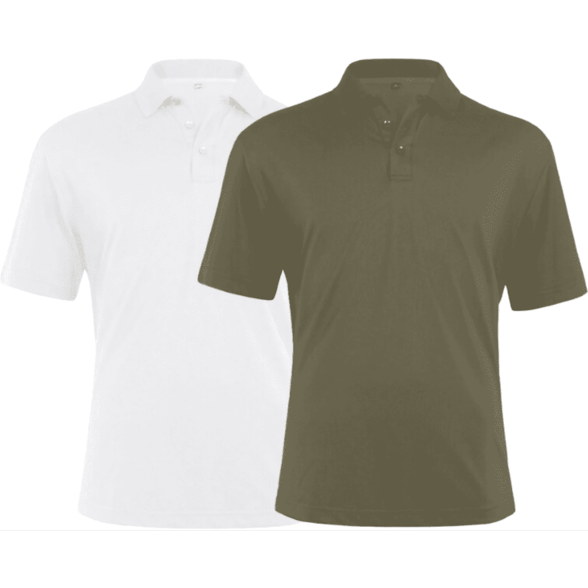 A classic sustainable polo in white and olive green, featuring a collar and three-button placket. Includes a logo.