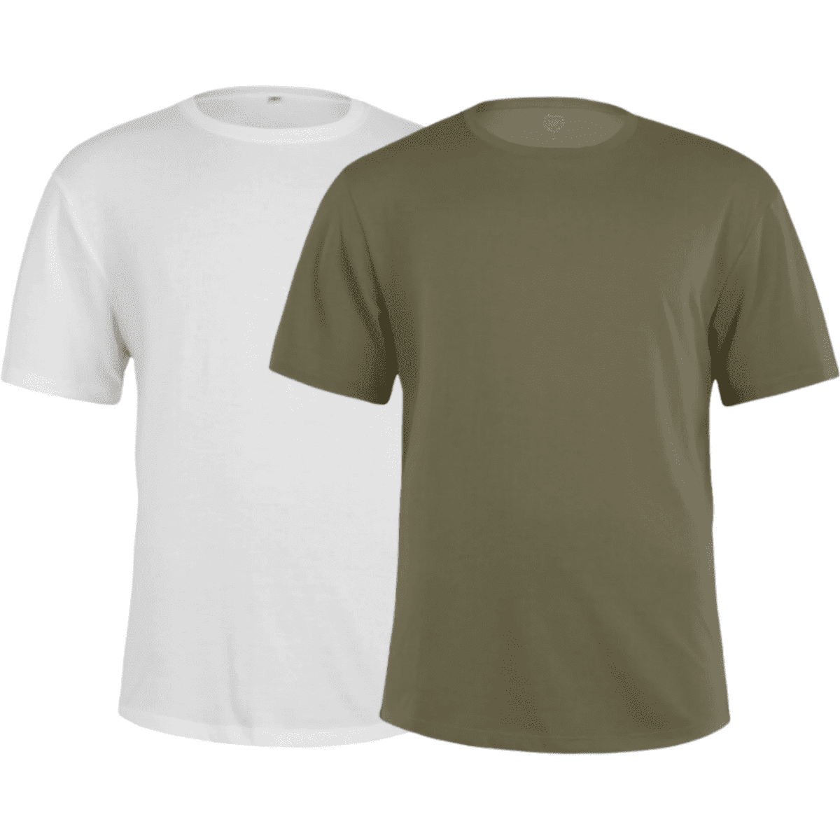 A classic sustainable T-shirt set featuring one white and one olive green shirt, with a logo displayed.