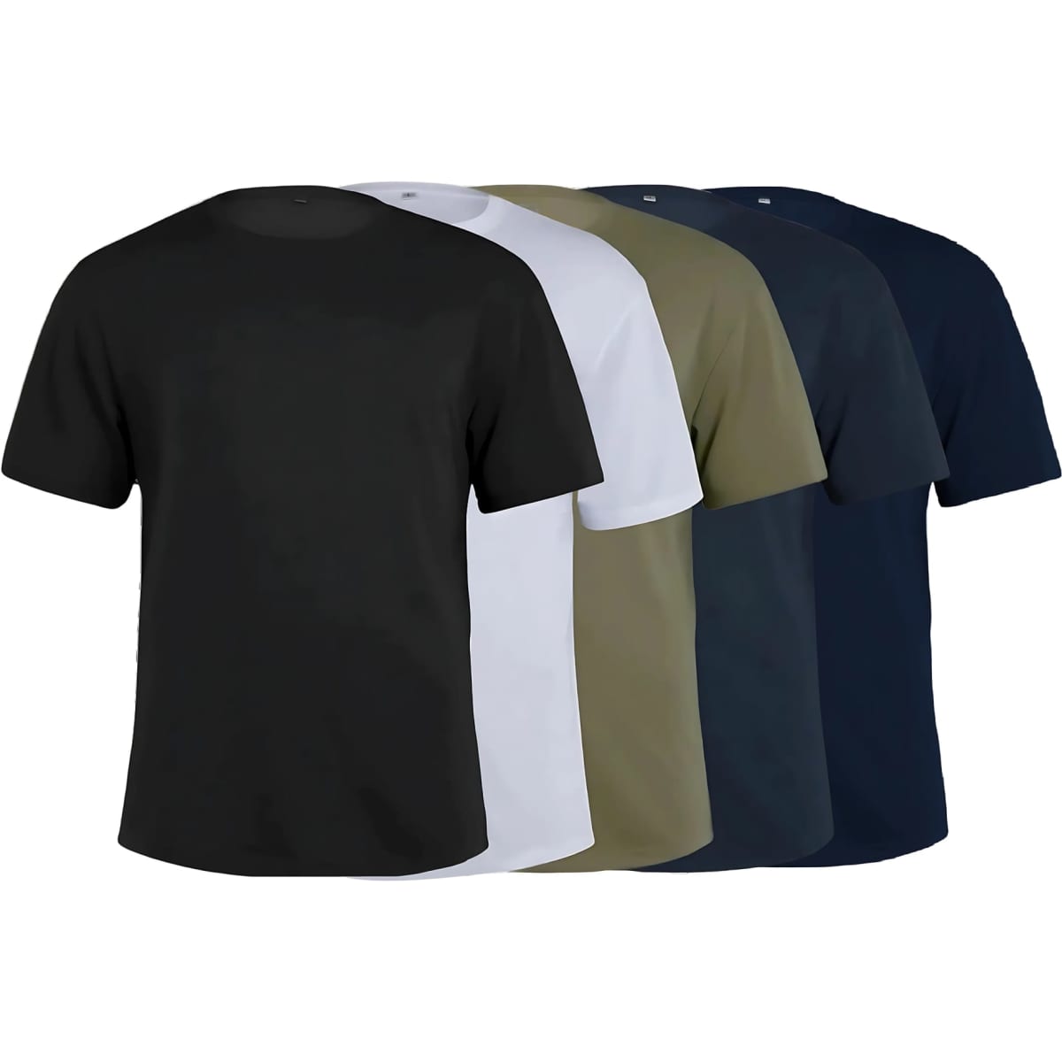 A range of classic sustainable T-shirts in black, white, olive green, and navy blue, with one featuring a logo.