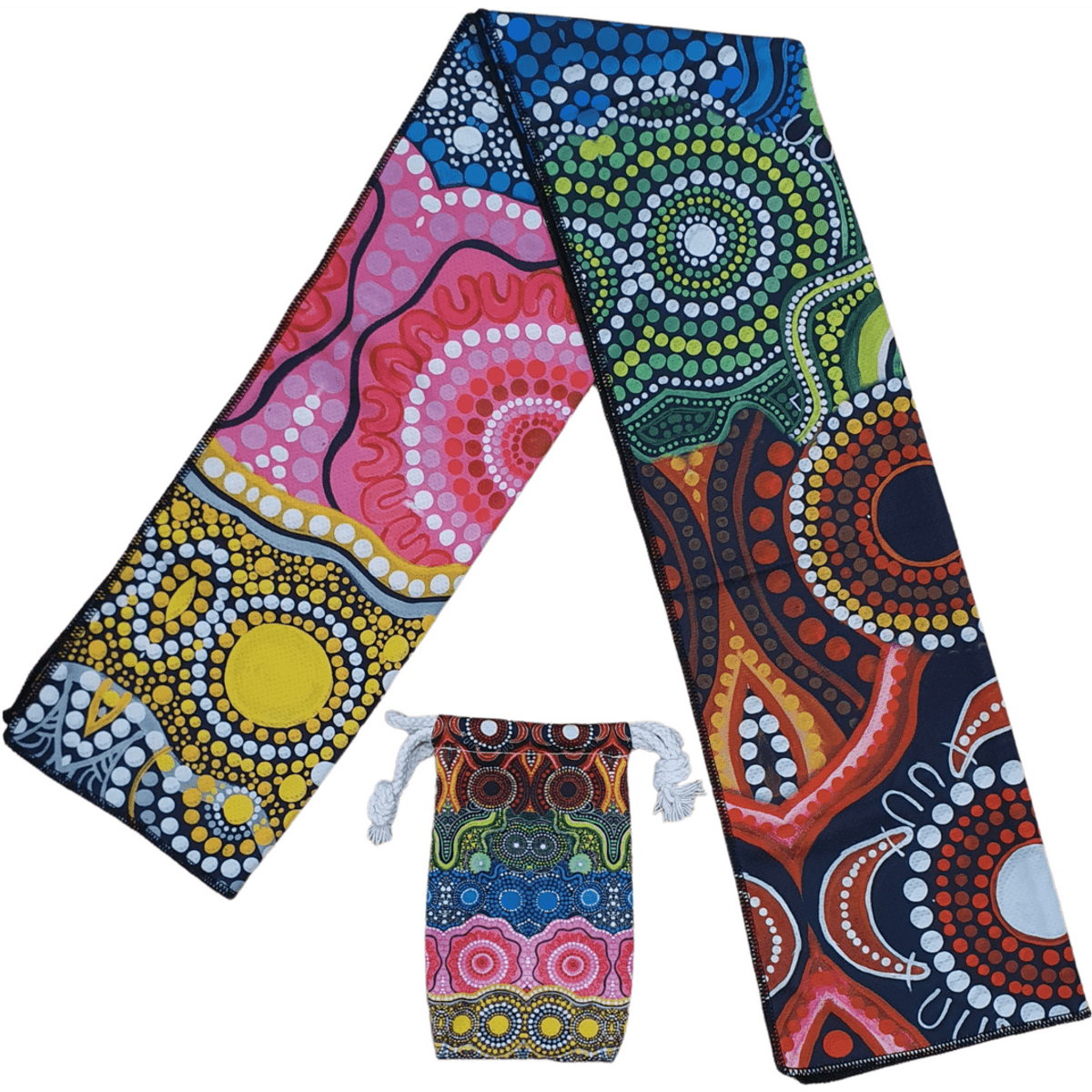 A colourful rPET micromesh cooling towel featuring vibrant patterns and a matching drawstring pouch.
