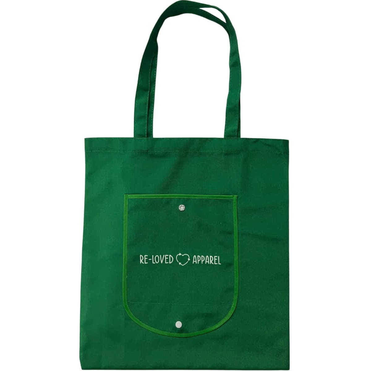 A green tote bag with a front pocket and a logo. It features two sturdy handles for carrying.