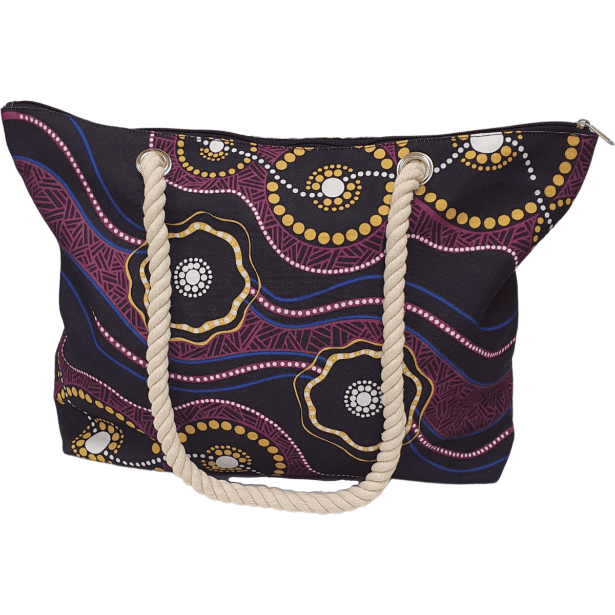 A tote bag featuring a black design with vibrant patterns in gold, purple, and red. It has rope handles and a zip closure.