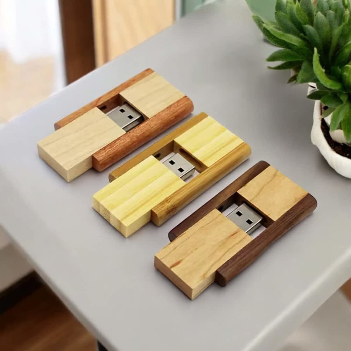 Three wooden USB flash drives in natural, light yellow, and dark brown colours, resting on a table alongside a potted plant.