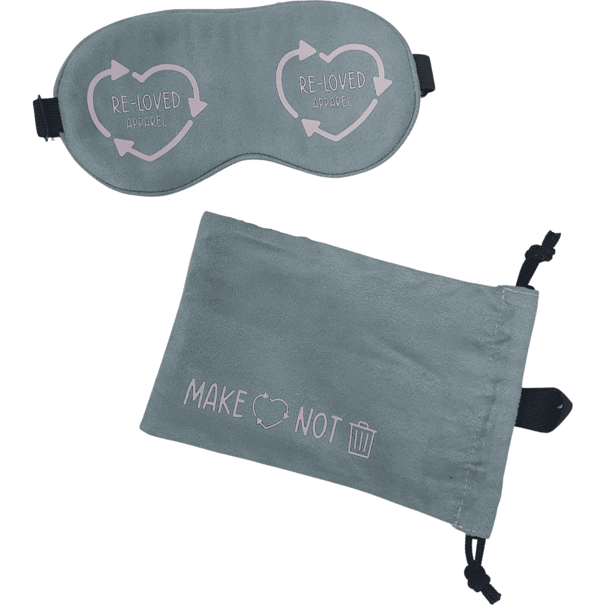 A grey eye mask with a soft texture and a matching pouch, featuring a logo on both items.