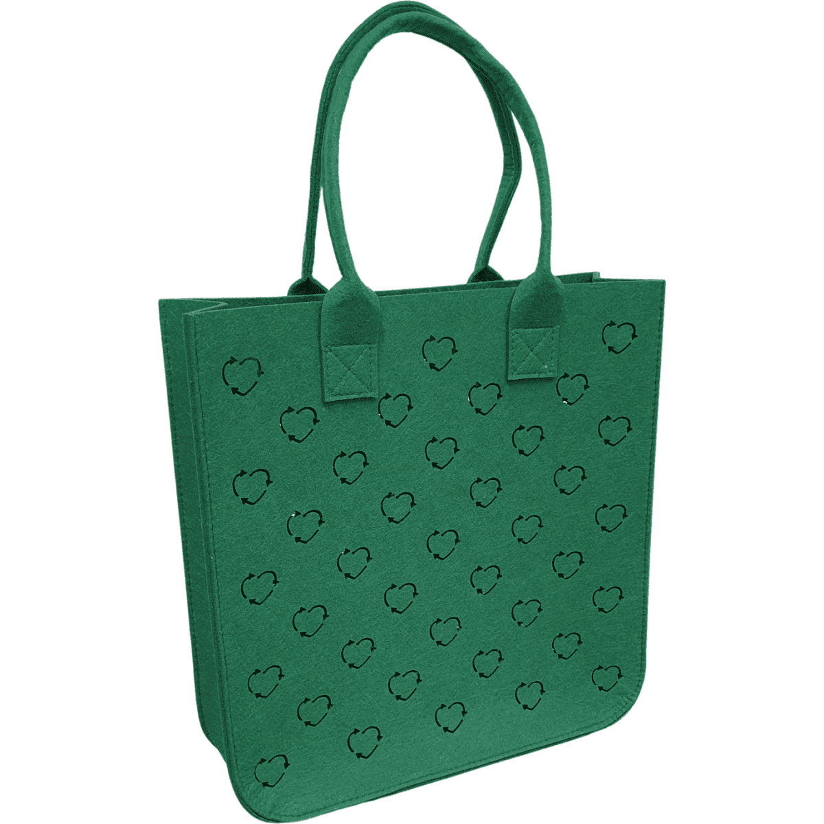A green felt tote bag with a pattern of small hearts and two sturdy handles, featuring a logo.