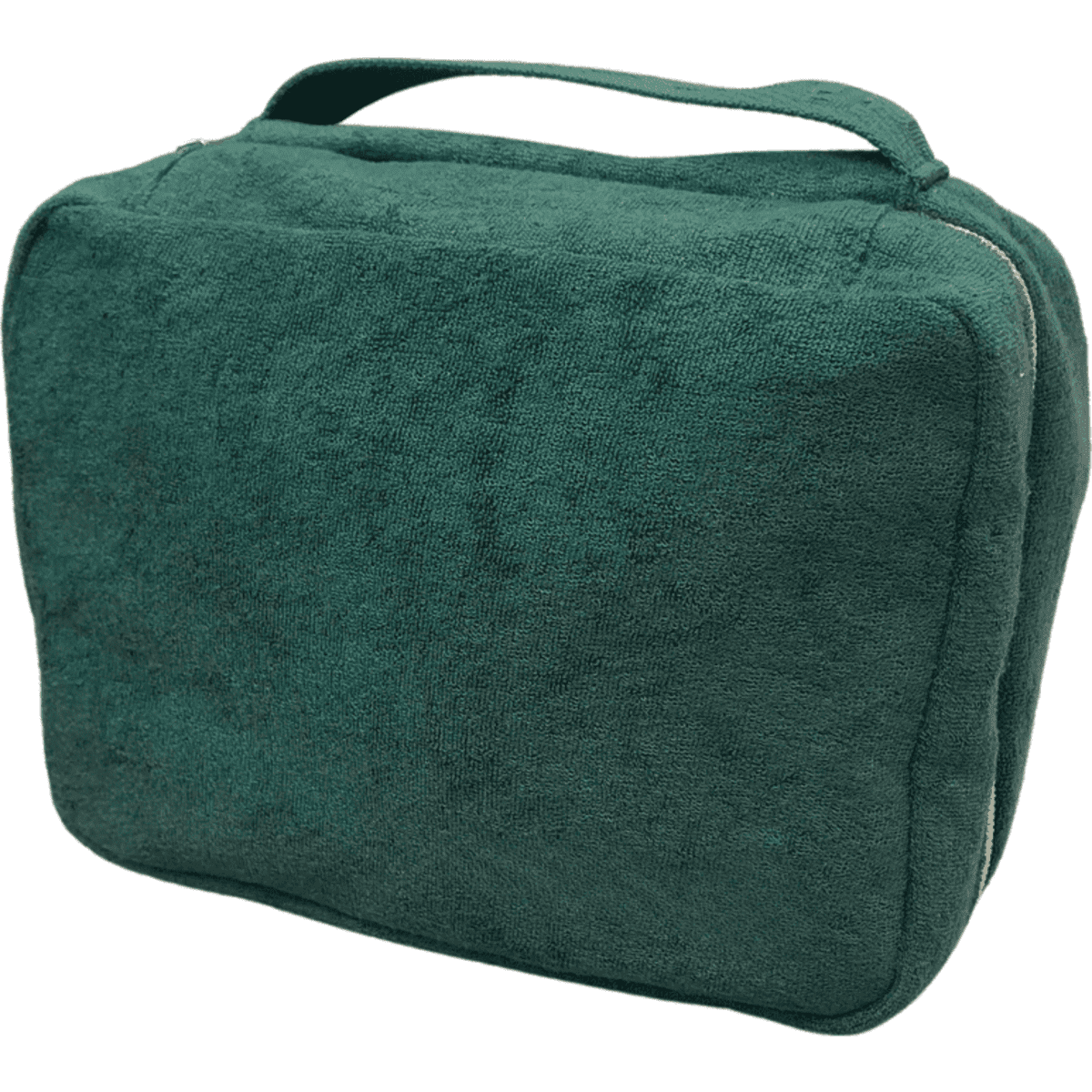 A green toiletry bag with a soft texture and a handle on top, featuring a subtle branding logo.