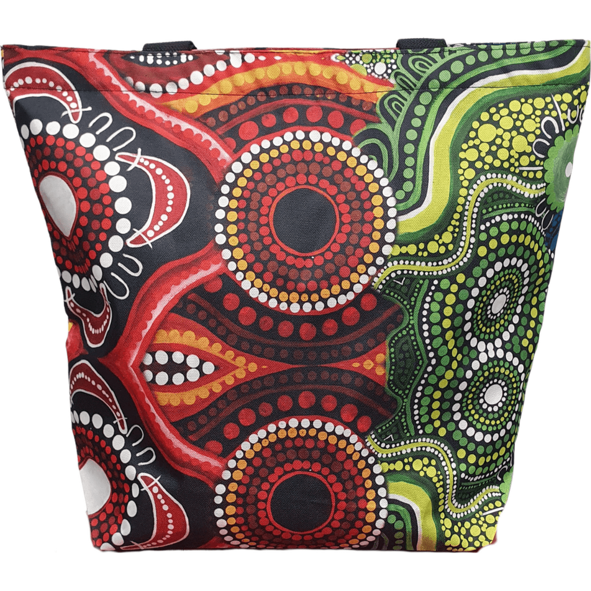 A tote bag in vibrant red, green, and black patterns featuring circular designs and an abstract motif. It has a logo.