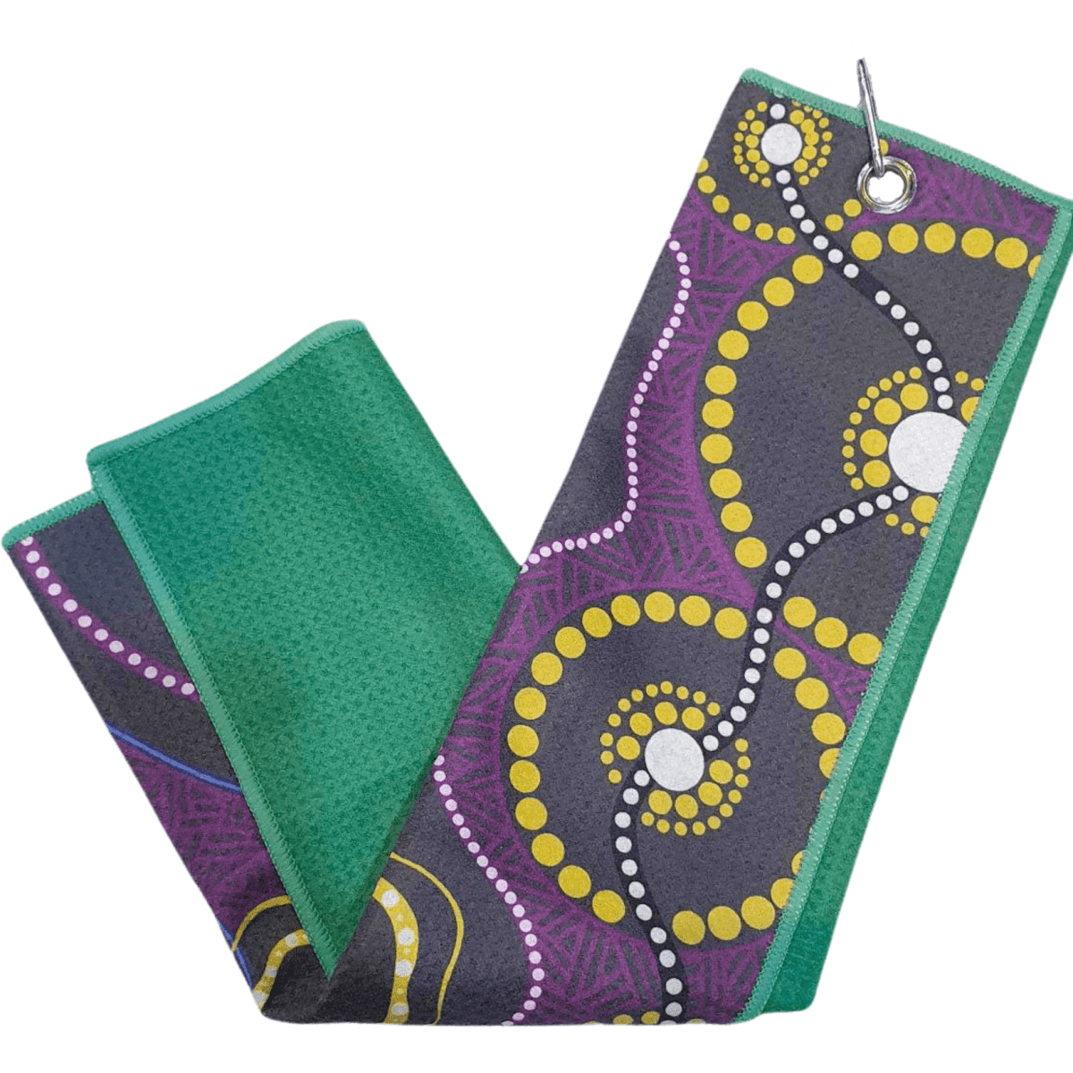 A golf towel featuring a colourful design with purple, yellow, and green patterns, finished with a hanging loop.