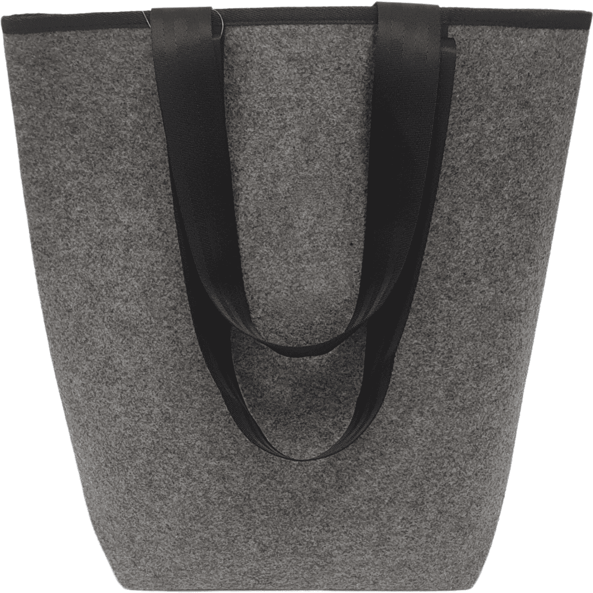 A grey felt bag with black straps, featuring a simple design and a logo on the front.