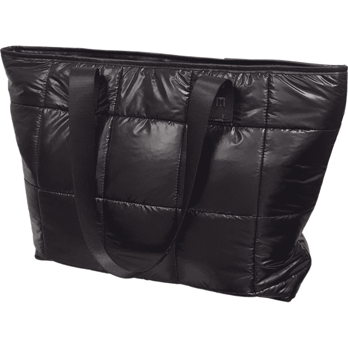 A black puffer tote bag with two handles and a quilted texture, featuring a logo on one side.
