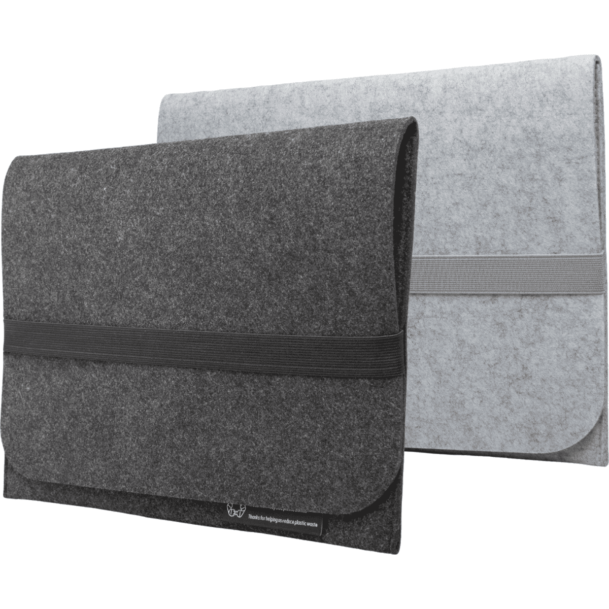 Two felt laptop sleeves are displayed, one in dark grey and the other in light grey, featuring elastic bands for closure.