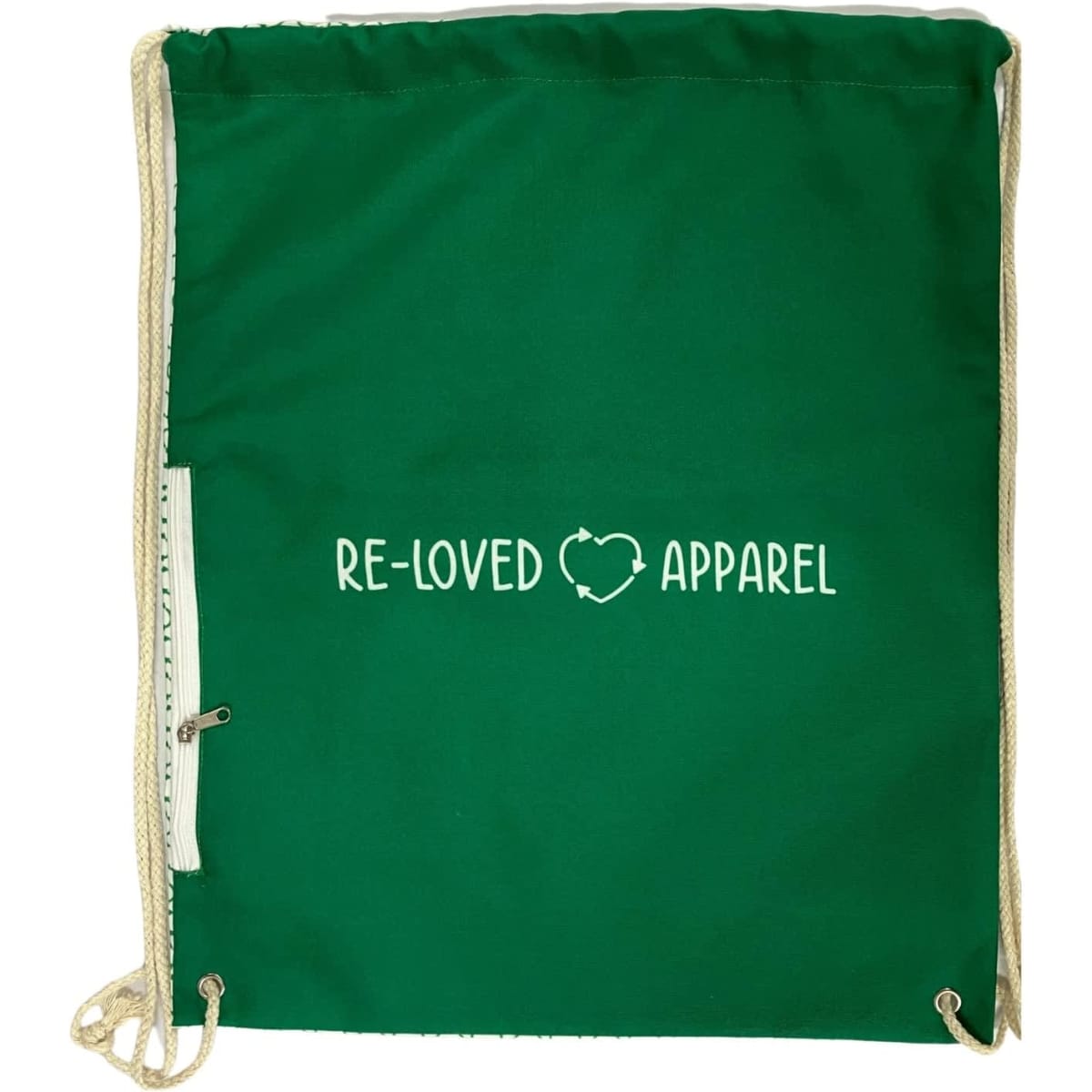 A medium green drawstring backpack made of organic cotton, featuring a pocket and a logo.