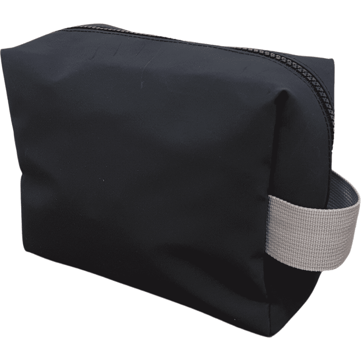 A black cosmetic bag with a grey strap and a zip closure. It has a simple and sleek design.