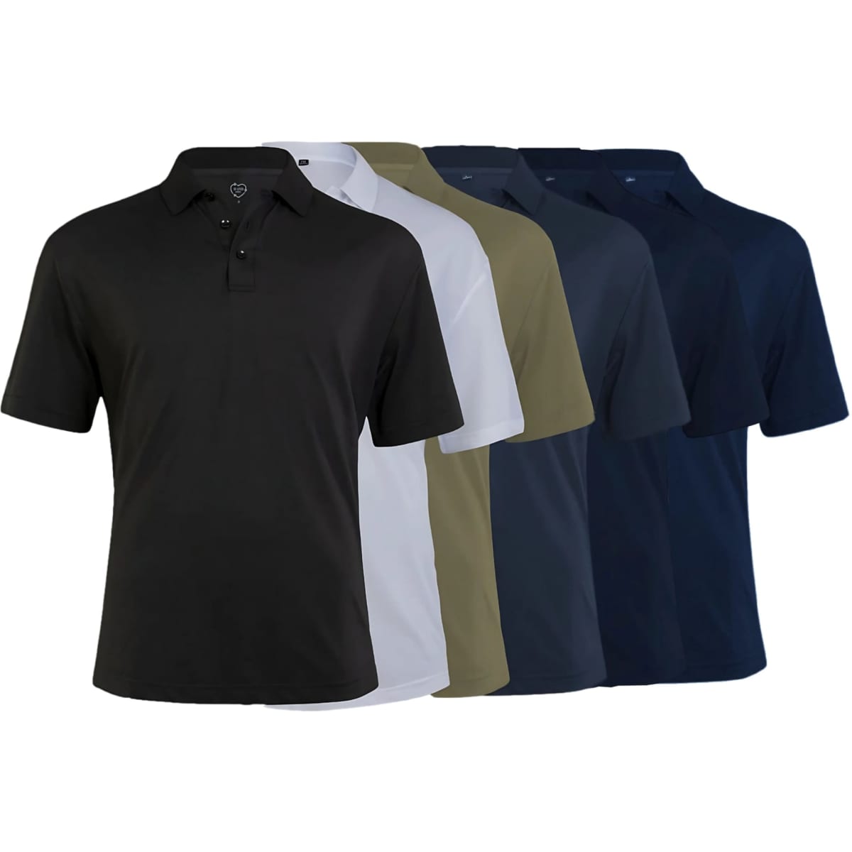 A set of five polo shirts in black, white, olive, navy, and grey, featuring a logo on the collar.