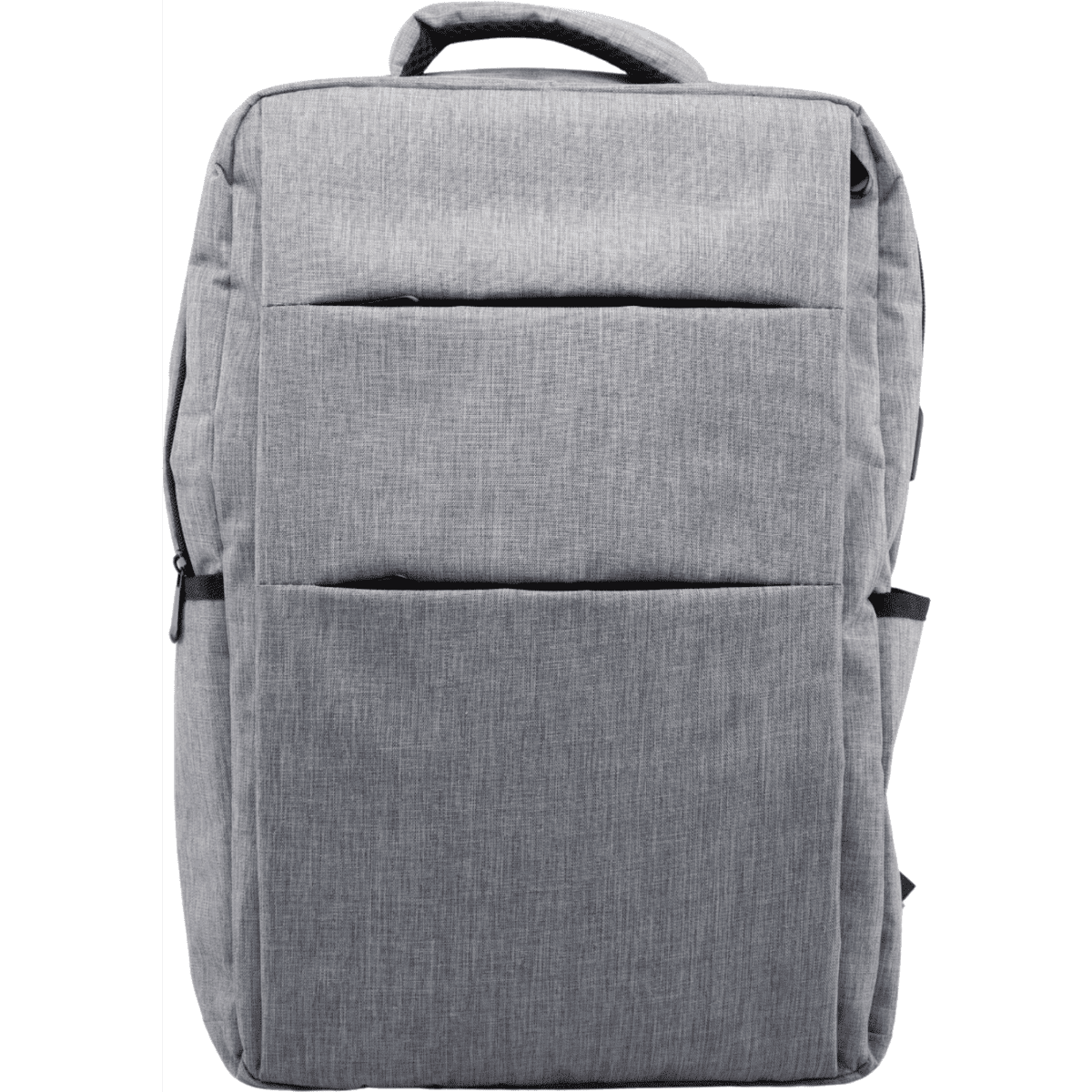 A grey tech backpack with multiple pockets and a top handle, featuring a logo on the side.