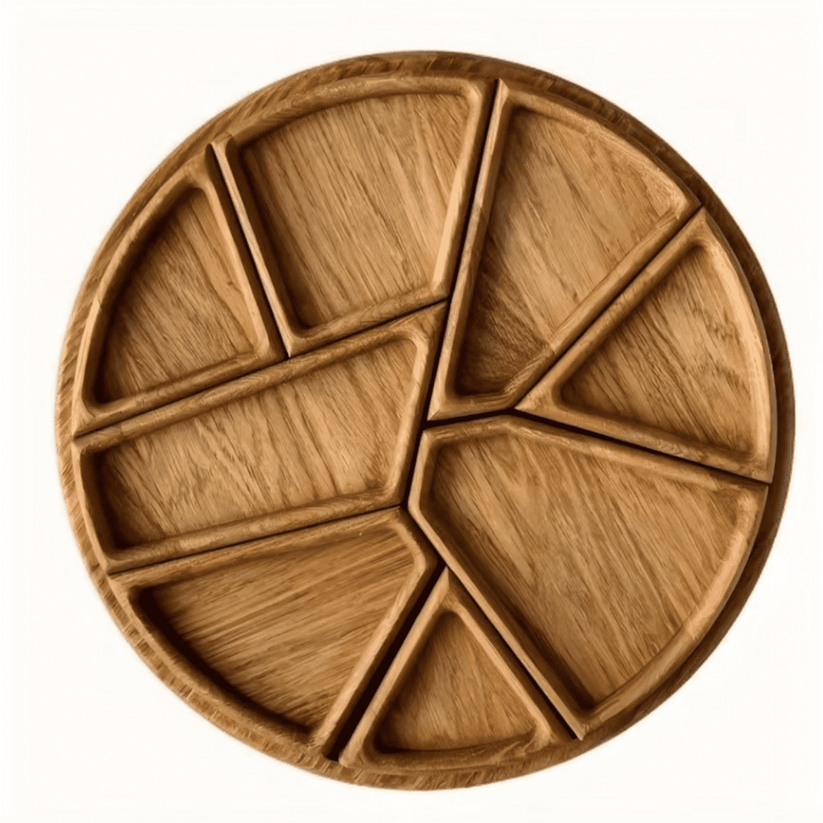 A round wooden platter divided into sections, showcasing a natural wood finish and organic shapes.