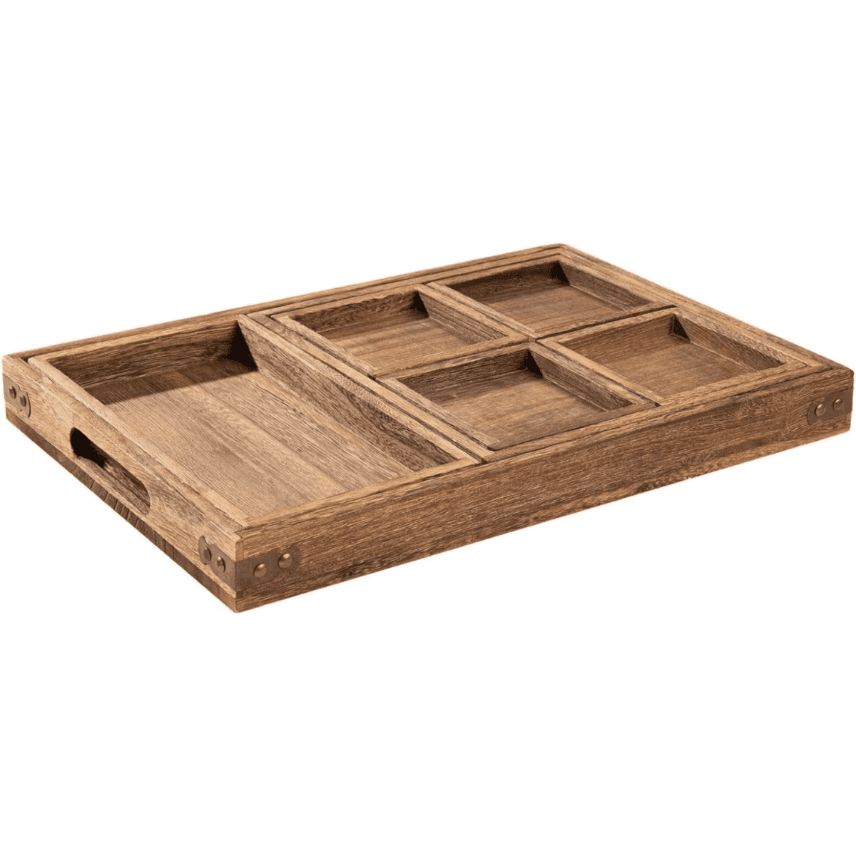A wooden Bento tray set featuring multiple compartments in a natural finish. Includes handles for easy transport.