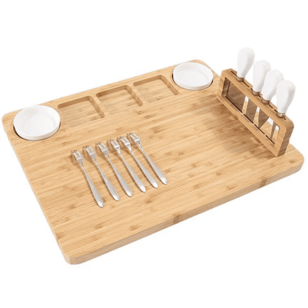 A bamboo platter with two white bowls, six forks, and a knife block, featuring a natural wood finish.