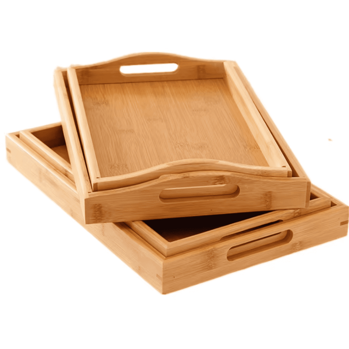 A bamboo tray set featuring two trays with handles, showcasing a natural wood finish.