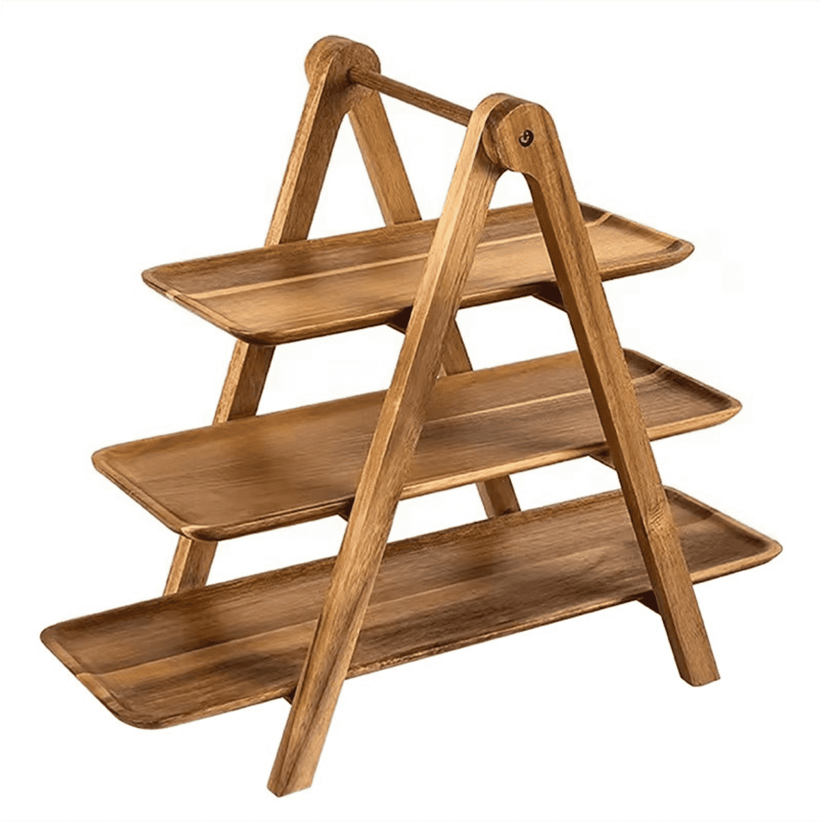 A three-tier wooden display stand with a natural finish, featuring a triangular frame and spacious trays.