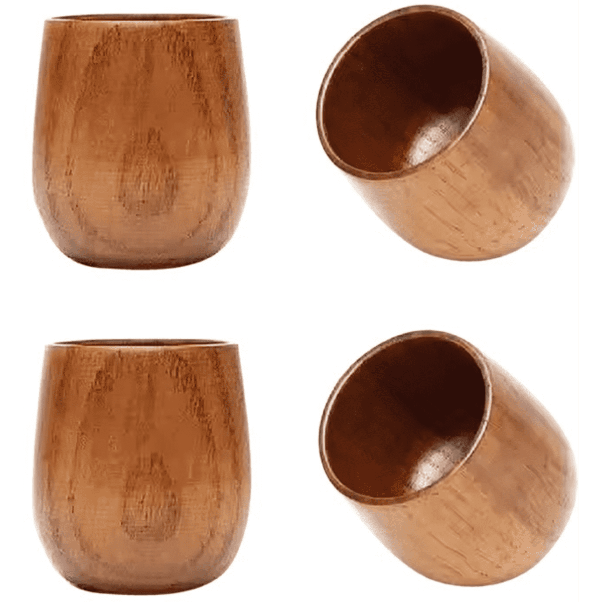 A wooden cup in a warm brown hue, featuring a smooth finish and a rounded shape, with a branding logo.
